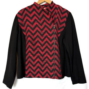 Chicos Womens Tweed Chevron Moto Zip Jacket Size L Classic Jacquard Red Edgy